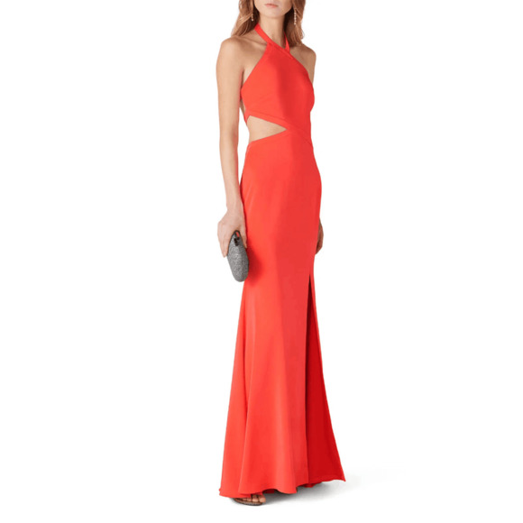 LOVE BY THEIA Coral Mermaid Gown Coral Neon Cut out Open Back womens size US 8 - Picture 1 of 13